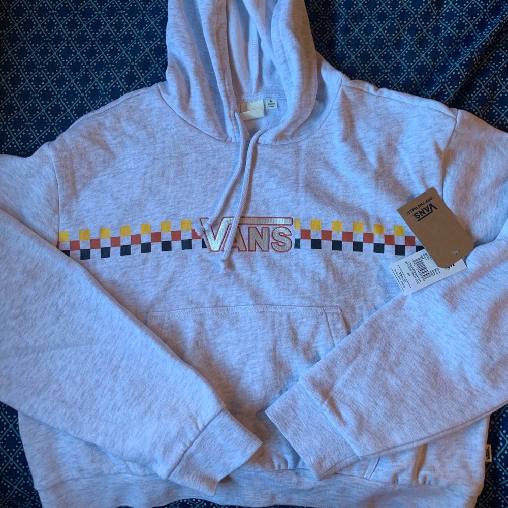 vans grey cropped hoodie with colored checkerboard